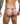 Person wearing a purple patterned thong on a white background