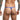 Person wearing a blue thong with tattoos on arms against a white background